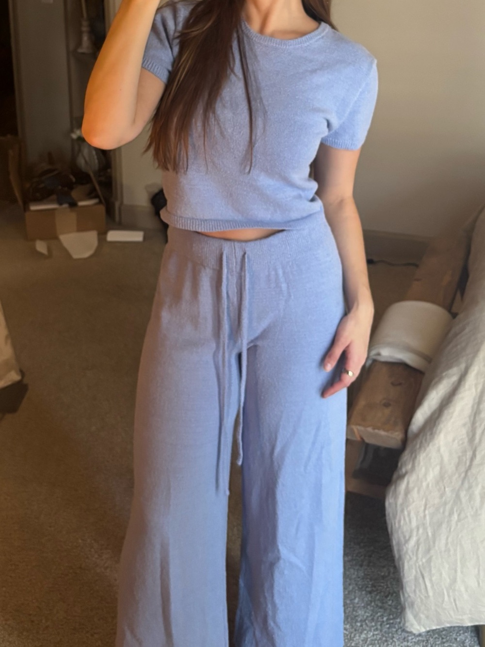 Cozy Knit Cropped T-Shirt and Cozy Knit Pant Blue Set